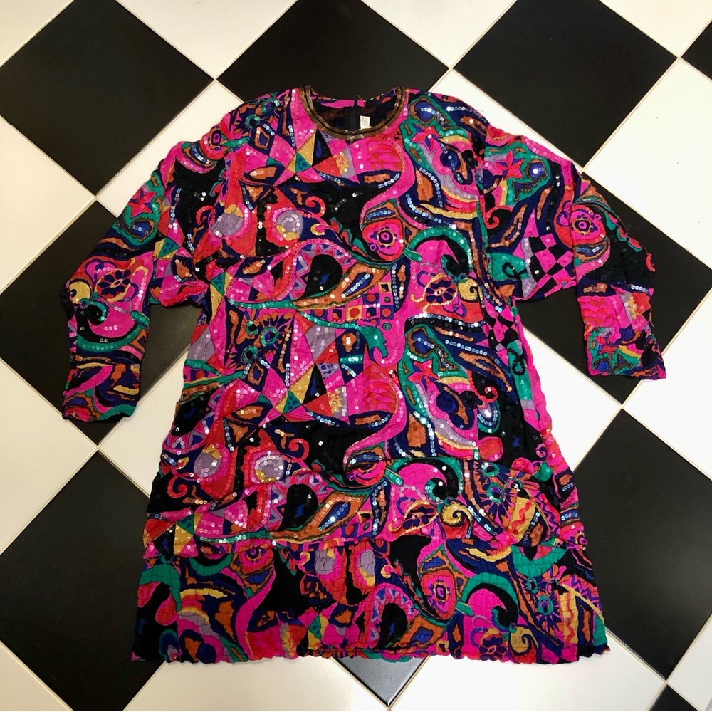 Vintage 60s Judith Ann Creations Beaded Silk Colorful Kaftan Mini Dress Magenta - Picture 5 of 15